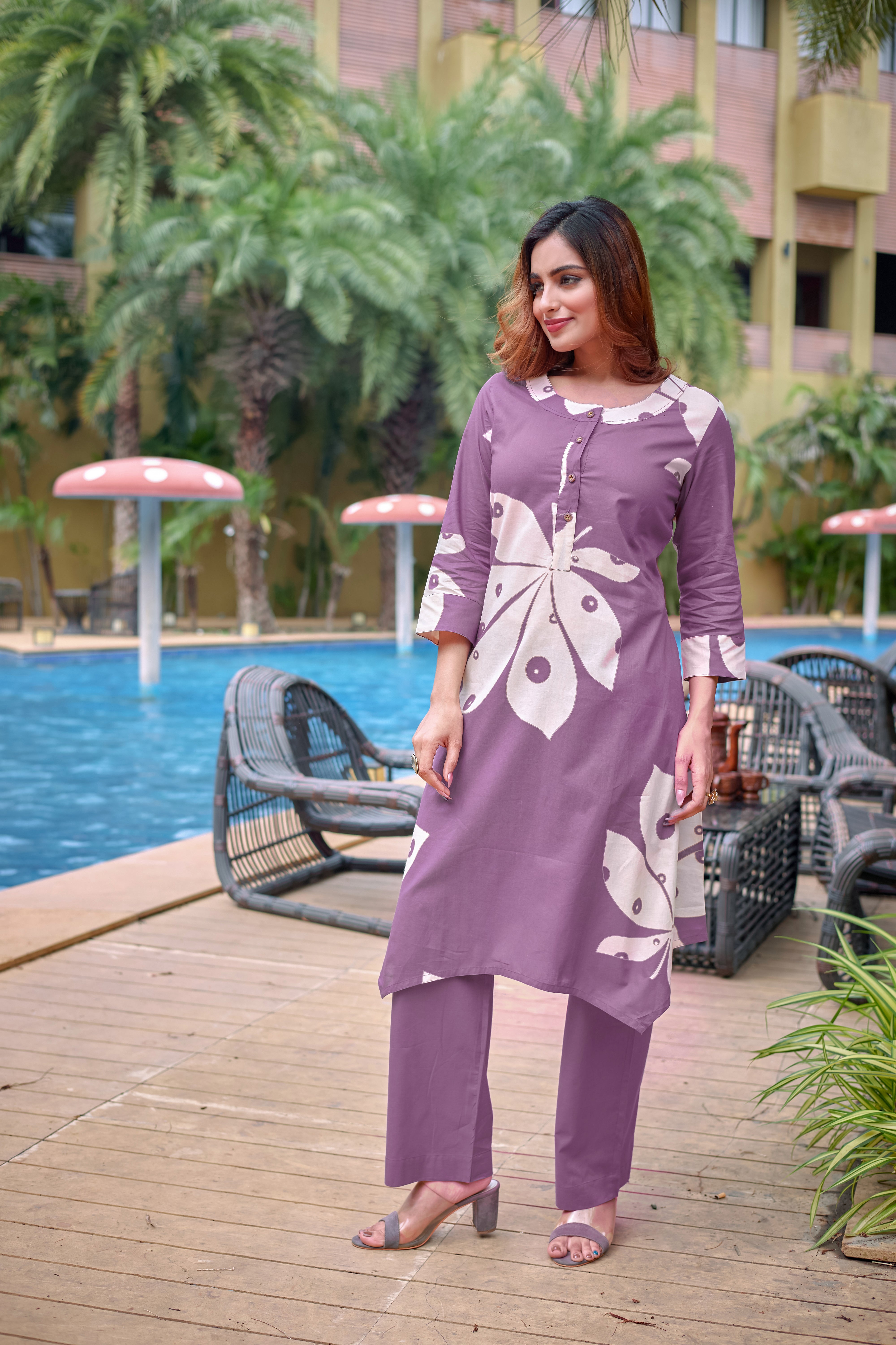 Kavya Lilac Co-ord Set in 100% Cotton – Printed Kurta & Pants for Women
